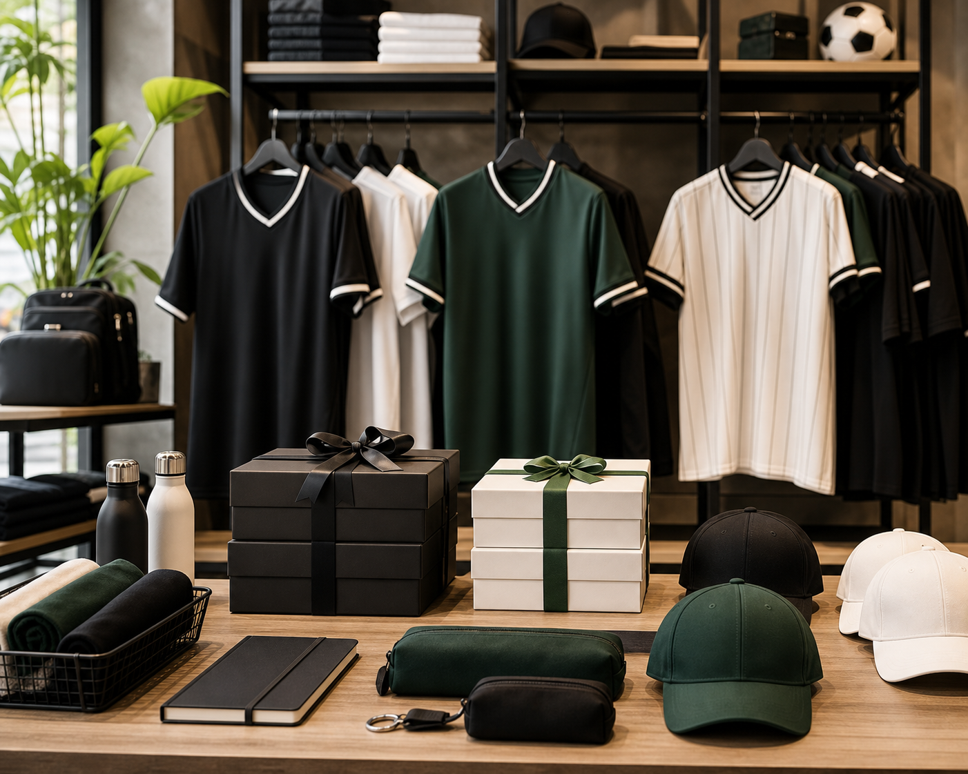 Close-up of sports apparel, caps, notebooks and gift packaging